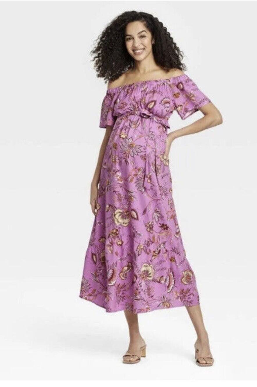Isabel Maternity Off The Shoulder Floral Maxi Dress Violet Size L NWT